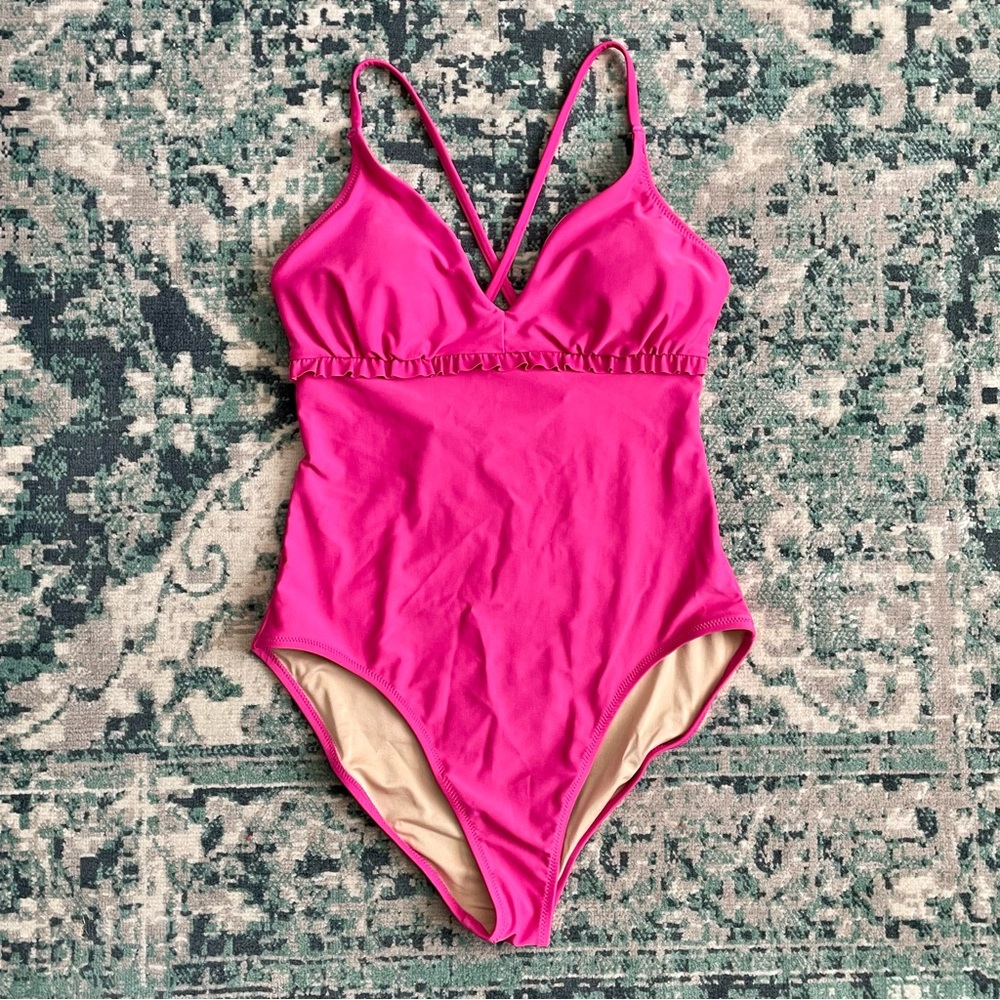 NWT Old Navy Hot Pink Swimsuit One Piece Bathing Suit Small New Ruffle Swim